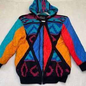 VTG Rochelle Colorblock Southwestern Quilted Hooded Jacket Sz M 80s/90s Bold